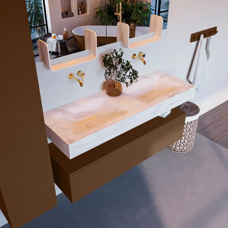 Speciale Aanbieding Mondiaz Alan DLux badmeubel 130cm rust 1 lade met wastafel ostra dubbel zonder kraangat