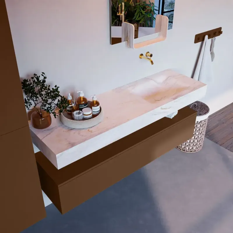 Actieprijs Mondiaz Alan DLux badmeubel 150cm rust 1 lade met wastafel ostra rechts zonder kraangat