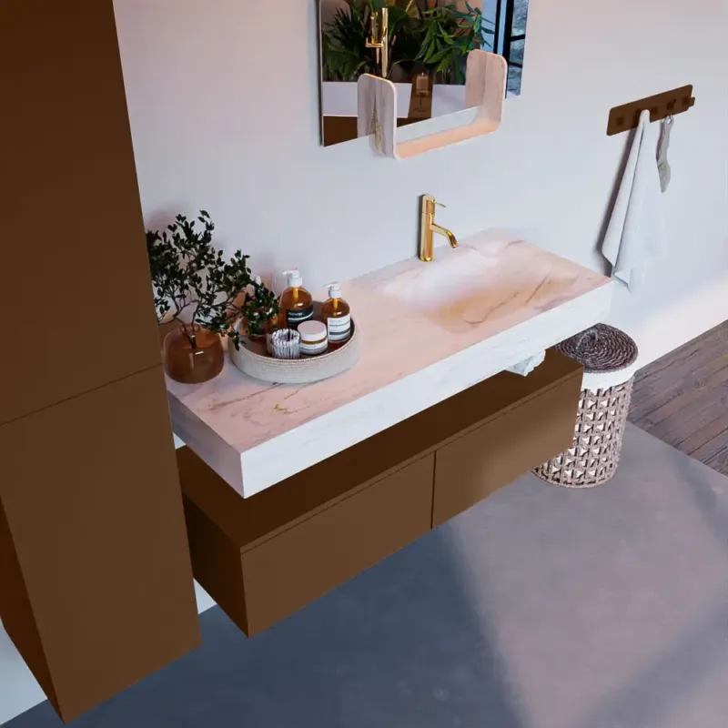 Snelle Levering Mondiaz Alan DLux badmeubel 120cm rust 2 lades met wastafel ostra rechts 1 kraangat