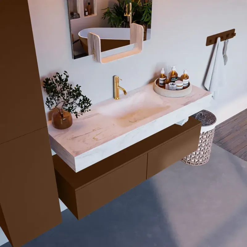 Must-Have Mondiaz Alan DLux badmeubel 130cm rust 2 lades met wastafel ostra midden 1 kraangat