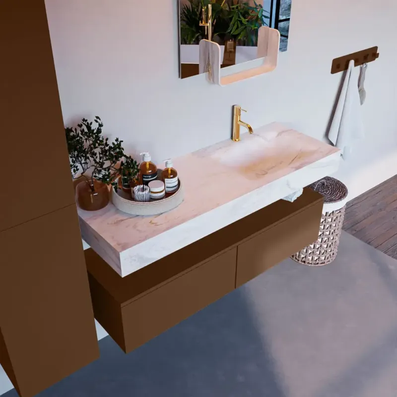 Snelle Levering Mondiaz Alan DLux badmeubel 130cm rust 2 lades met wastafel ostra rechts 1 kraangat