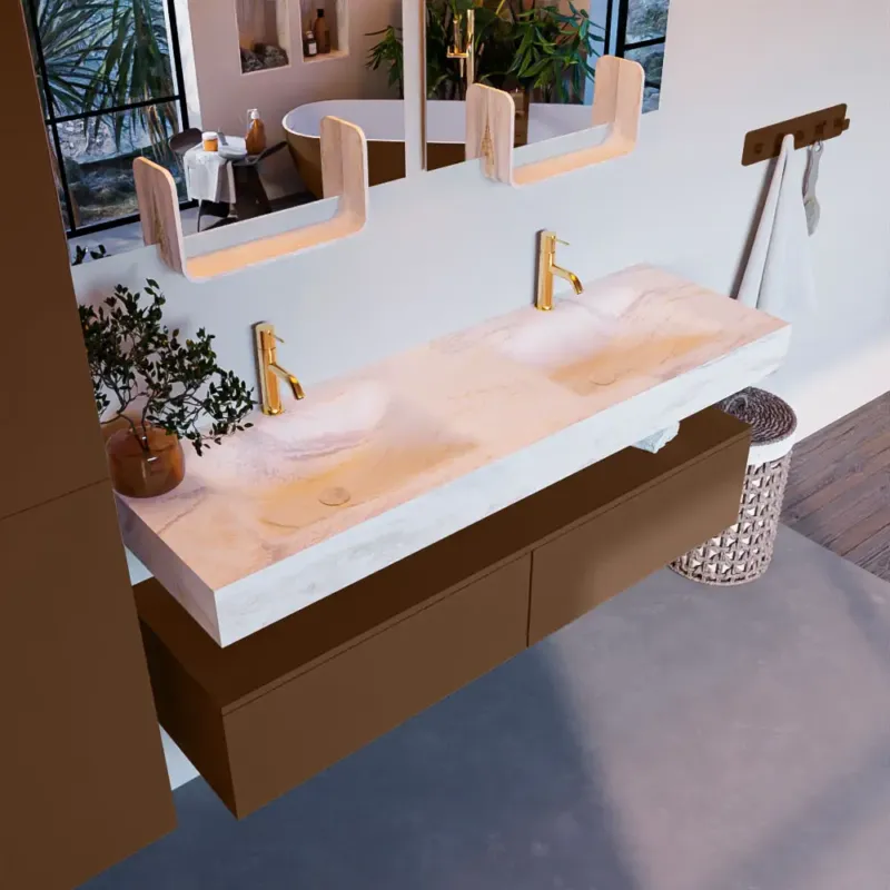 Veilige Betaling Mondiaz Alan DLux badmeubel 150cm rust 2 lades met wastafel ostra dubbel 2 kraangaten