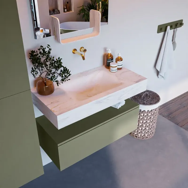 Must-Have Mondiaz Alan DLux badmeubel 90cm army 1 lade met wastafel ostra midden zonder kraangat