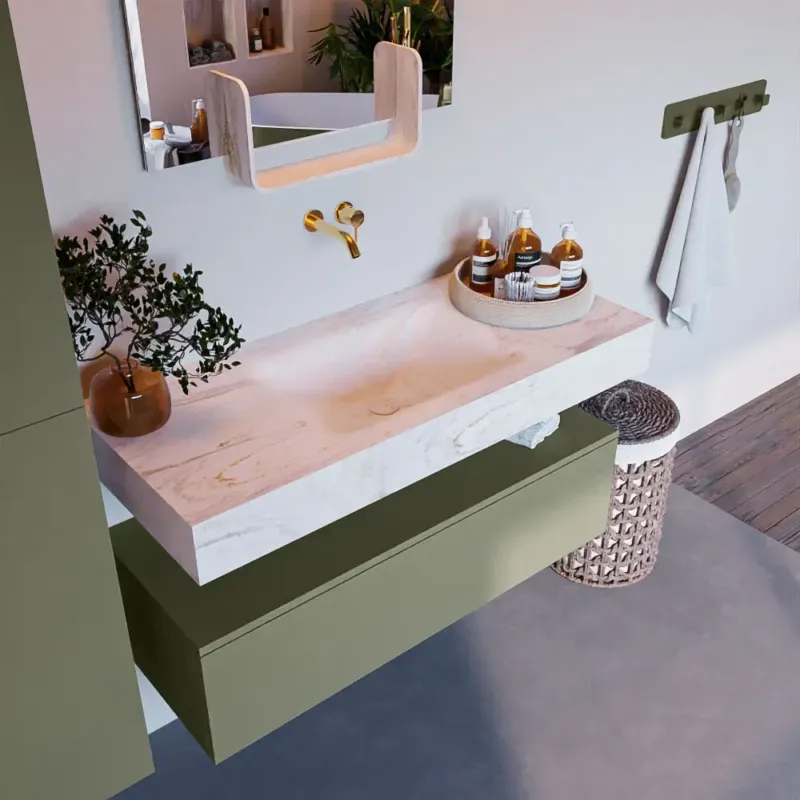 Must-Have Mondiaz Alan DLux badmeubel 110cm army 1 lade met wastafel ostra midden zonder kraangat