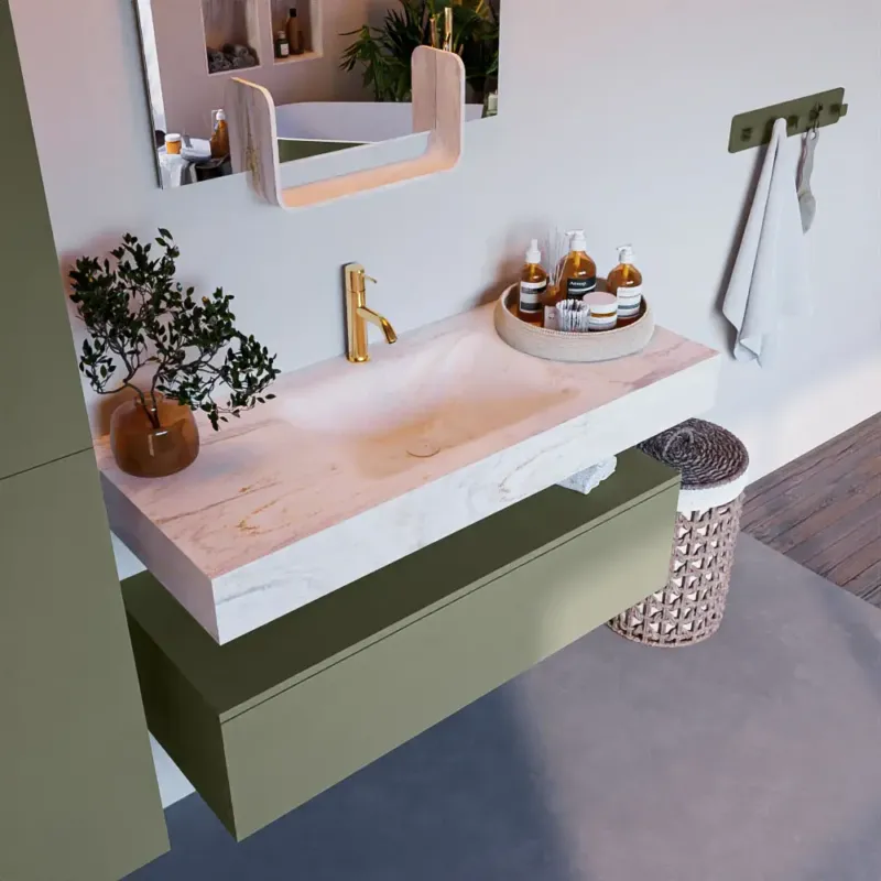 Snelle Levering Mondiaz Alan DLux badmeubel 110cm army 1 lade met wastafel ostra midden 1 kraangat