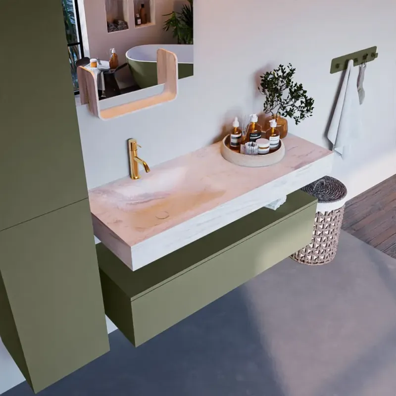 Voordeelprijs Mondiaz Alan DLux badmeubel 120cm army 1 lade met wastafel ostra links 1 kraangat