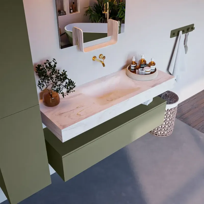 Must-Have Mondiaz Alan DLux badmeubel 130cm army 1 lade met wastafel ostra midden zonder kraangat
