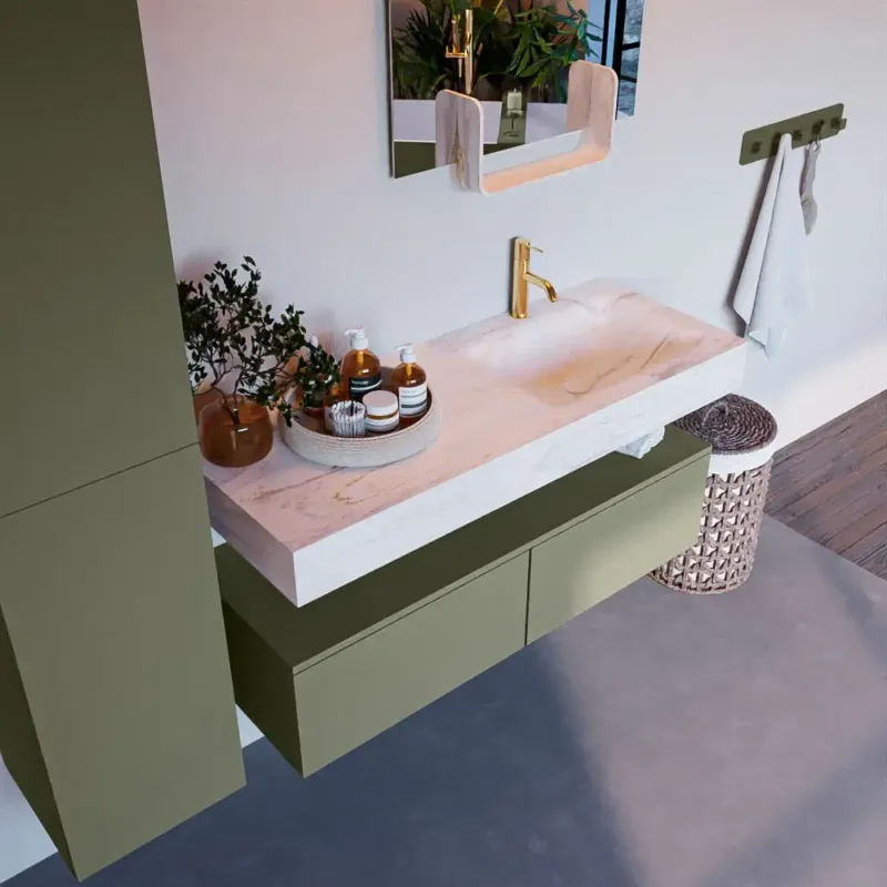 Shop Nu Mondiaz Alan DLux badmeubel 120cm army 2 lades met wastafel ostra rechts 1 kraangat