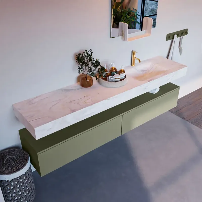 Speciale Aanbieding Mondiaz Alan DLux badmeubel 200cm army 2 lades met wastafel ostra rechts 1 kraangat