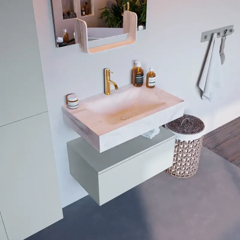 Must-Have Mondiaz Alan DLux badmeubel 70cm clay 1 lade met wastafel ostra midden 1 kraangat