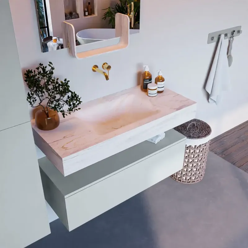 Veilige Betaling Mondiaz Alan DLux badmeubel 100cm clay 1 lade met wastafel ostra midden zonder kraangat