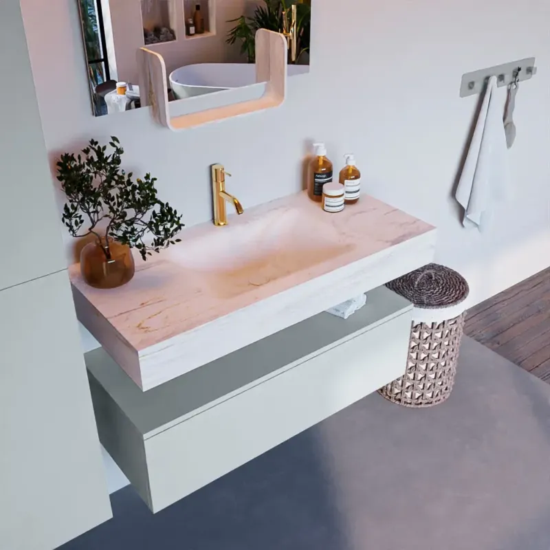Alleen Vandaag Mondiaz Alan DLux badmeubel 100cm clay 1 lade met wastafel ostra midden 1 kraangat