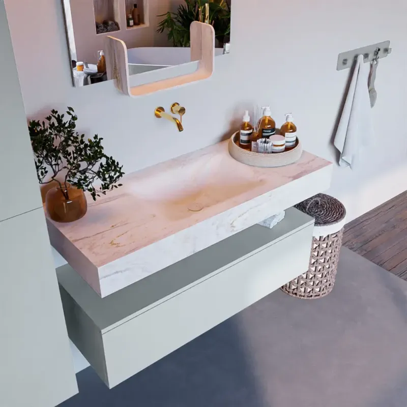 Nu Kopen Mondiaz Alan DLux badmeubel 110cm clay 1 lade met wastafel ostra midden zonder kraangat