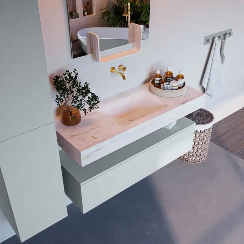 Shop Nu Mondiaz Alan DLux badmeubel 120cm clay 1 lade met wastafel ostra midden zonder kraangat