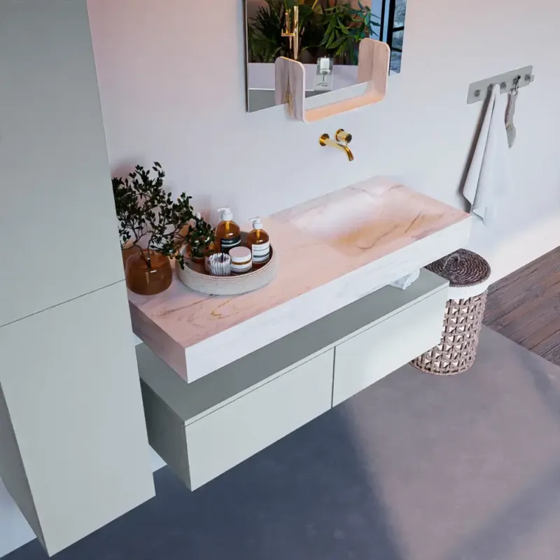 Alleen Vandaag Mondiaz Alan DLux badmeubel 120cm clay 2 lades met wastafel ostra rechts zonder kraangat