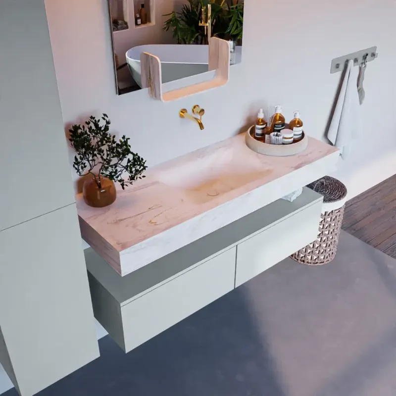 Aanbieding Mondiaz Alan DLux badmeubel 130cm clay 2 lades met wastafel ostra midden zonder kraangat