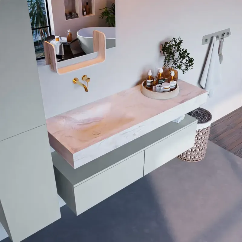 Bestel Nu Mondiaz Alan DLux badmeubel 130cm clay 2 lades met wastafel ostra links zonder kraangat