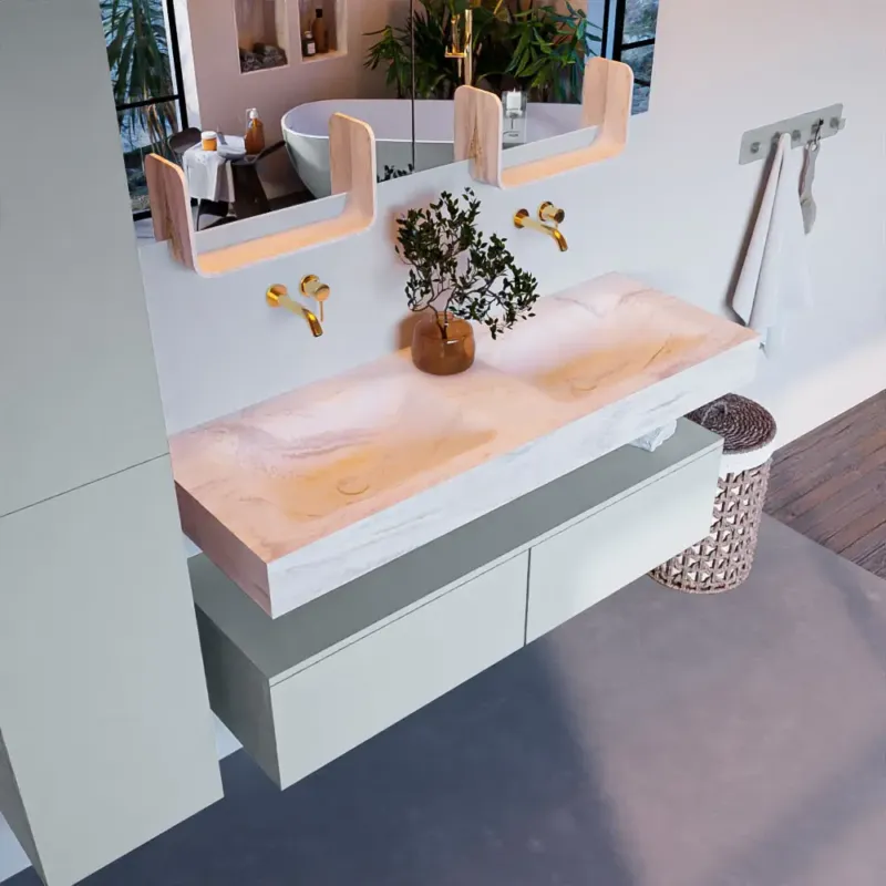 Nu Kopen Mondiaz Alan DLux badmeubel 130cm clay 2 lades met wastafel ostra dubbel zonder kraangat