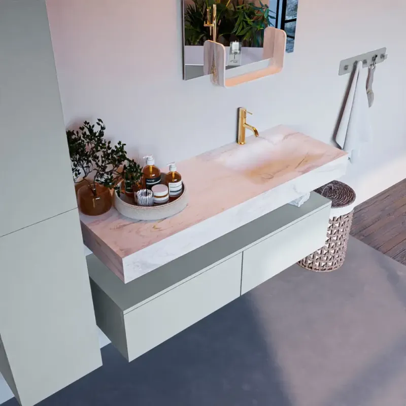 Beperkte Voorraad Mondiaz Alan DLux badmeubel 130cm clay 2 lades met wastafel ostra rechts 1 kraangat