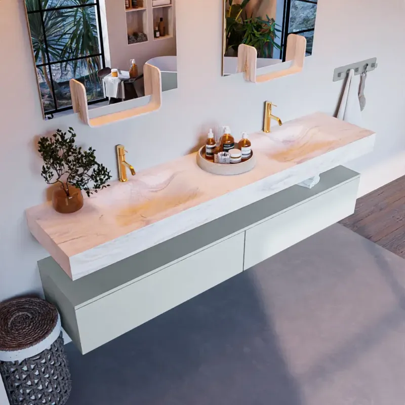 Voordeelprijs Mondiaz Alan DLux badmeubel 200cm clay 2 lades met wastafel ostra dubbel 2 kraangaten
