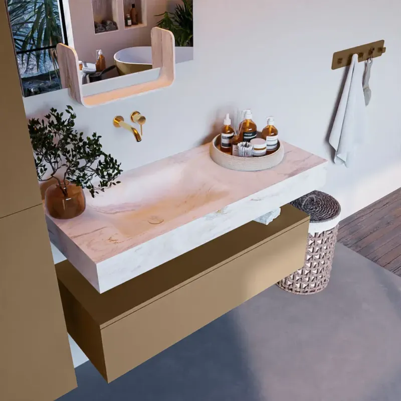 Tijdelijk Beschikbaar Mondiaz Alan DLux badmeubel 110cm oro 1 lade met wastafel ostra links zonder kraangat