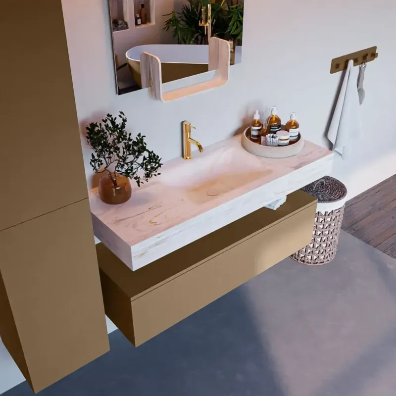 Weekendaanbieding Mondiaz Alan DLux badmeubel 120cm oro 1 lade met wastafel ostra midden 1 kraangat