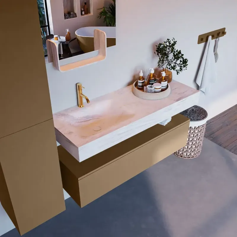 Aanbieding Mondiaz Alan DLux badmeubel 120cm oro 1 lade met wastafel ostra links 1 kraangat