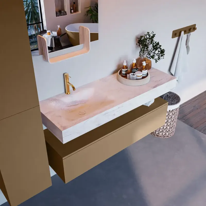 Bestel Nu Mondiaz Alan DLux badmeubel 130cm oro 1 lade met wastafel ostra links 1 kraangat