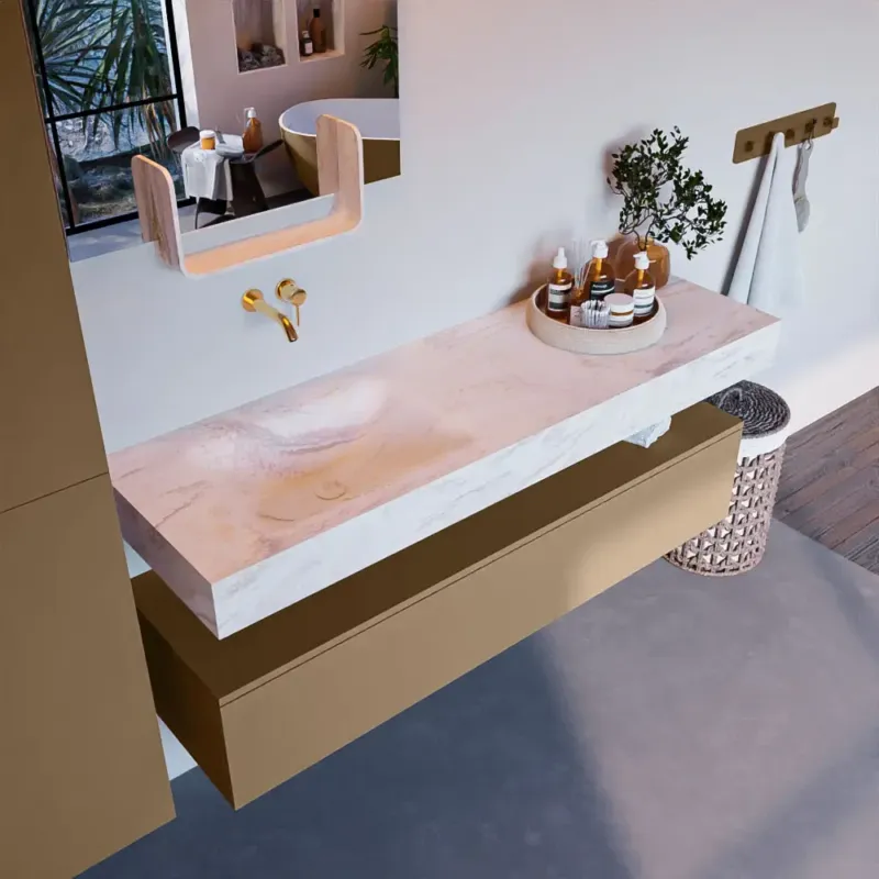 Beperkte Voorraad Mondiaz Alan DLux badmeubel 150cm oro 1 lade met wastafel ostra links zonder kraangat