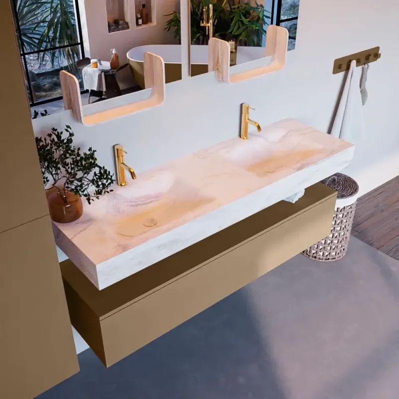 Must-Have Mondiaz Alan DLux badmeubel 150cm oro 1 lade met wastafel ostra dubbel 2 kraangaten