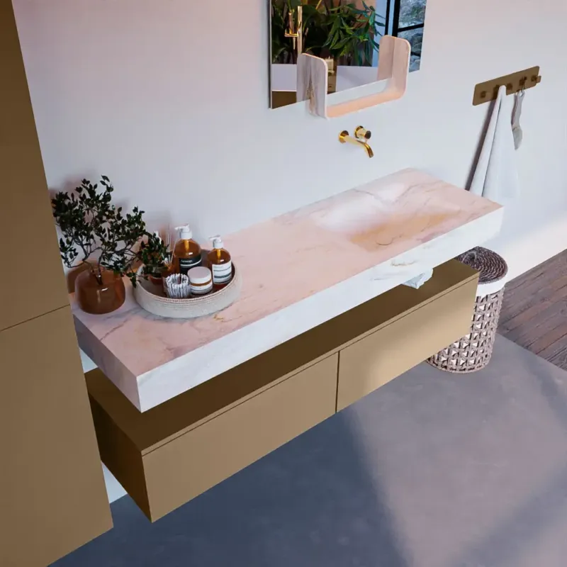 Bestel Nu Mondiaz Alan DLux badmeubel 150cm oro 2 lades met wastafel ostra rechts zonder kraangat