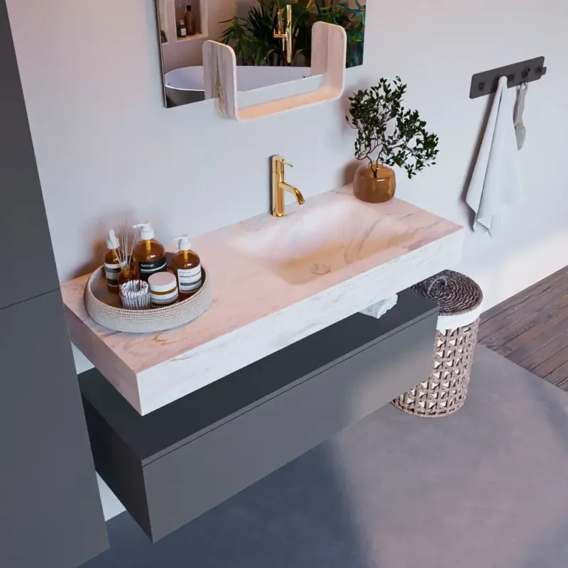 Op = Op Mondiaz Alan DLux badmeubel 110cm plata 1 lade met wastafel ostra rechts 1 kraangat