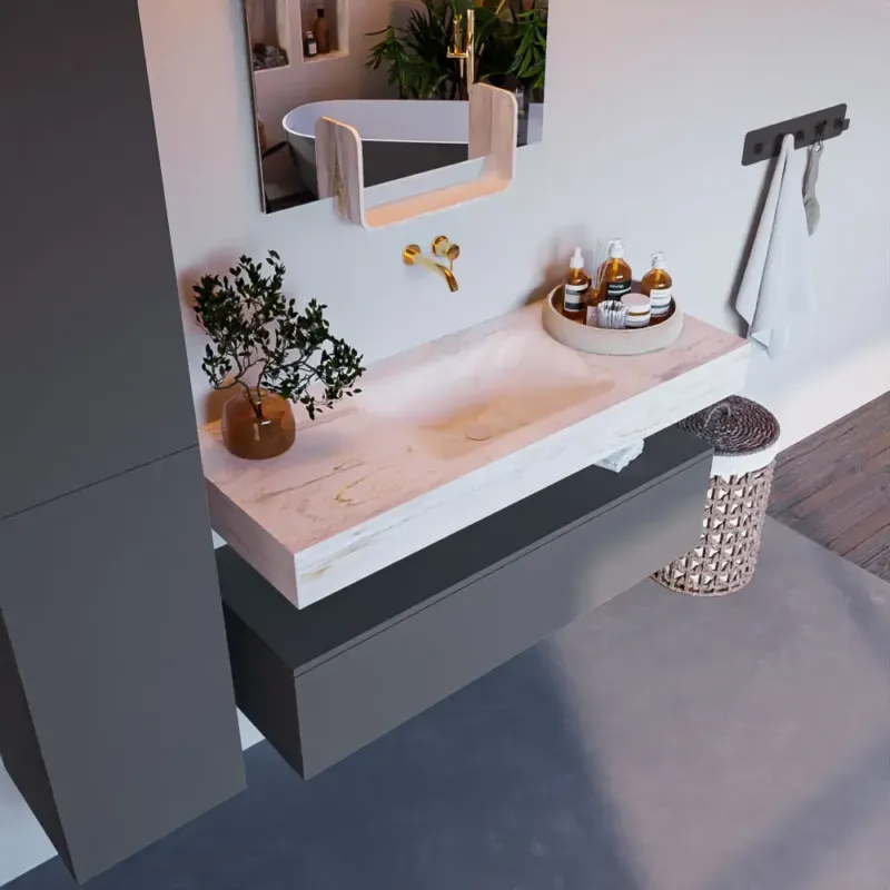 Veilige Betaling Mondiaz Alan DLux badmeubel 120cm plata 1 lade met wastafel ostra midden zonder kraangat