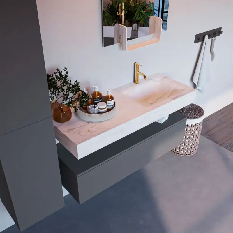 Beperkt Aanbod Mondiaz Alan DLux badmeubel 120cm plata 1 lade met wastafel ostra rechts 1 kraangat