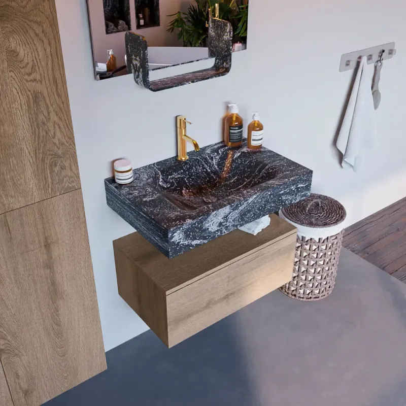 Rechtstreeks Van De Fabrikant Mondiaz Alan DLux badmeubel 70cm washed oak 1 lade met wastafel lava midden 1 kraangat