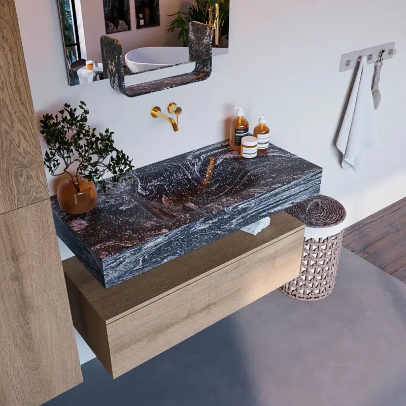 Uitverkoop Mondiaz Alan DLux badmeubel 100cm washed oak 1 lade met wastafel lava midden zonder kraangat