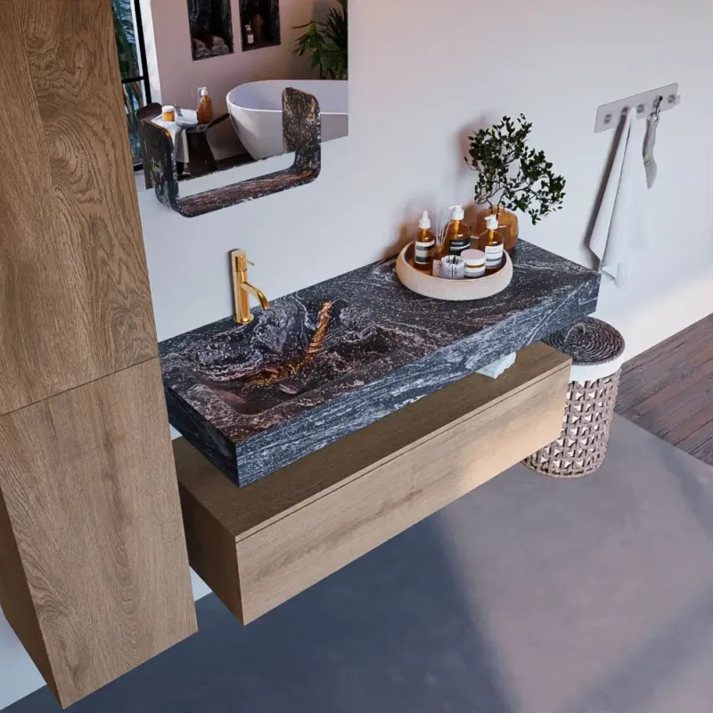 Shop Nu Mondiaz Alan DLux badmeubel 120cm washed oak 1 lade met wastafel lava links 1 kraangat