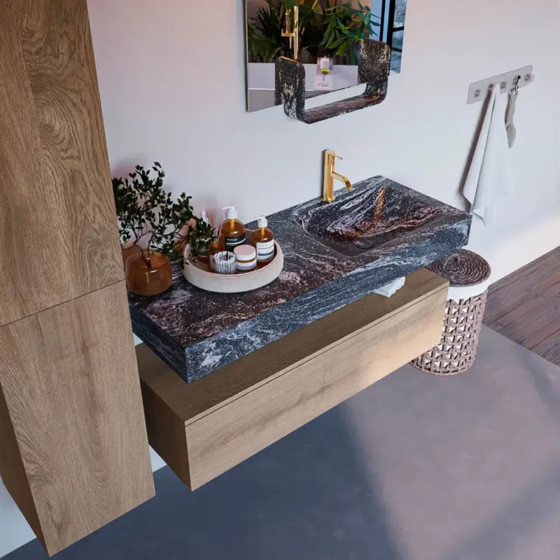 Rechtstreeks Van De Fabrikant Mondiaz Alan DLux badmeubel 120cm washed oak 1 lade met wastafel lava rechts 1 kraangat