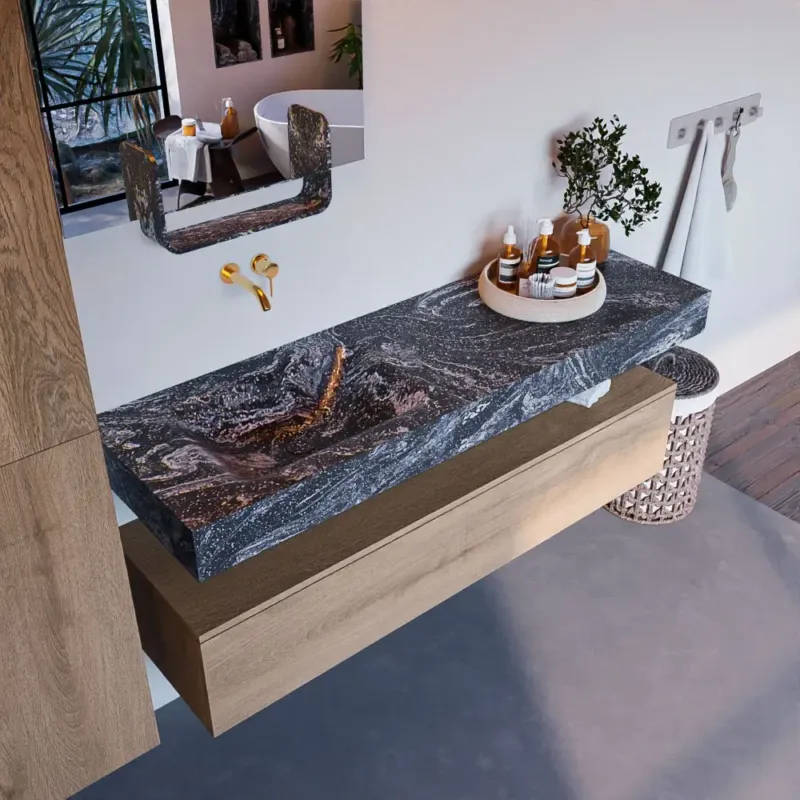 Premium Mondiaz Alan DLux badmeubel 150cm washed oak 1 lade met wastafel lava links zonder kraangat
