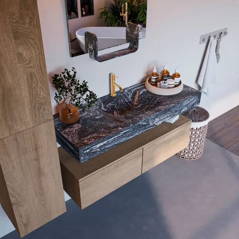 Nu Kopen Mondiaz Alan DLux badmeubel 120cm washed oak 2 lades met wastafel lava midden 1 kraangat