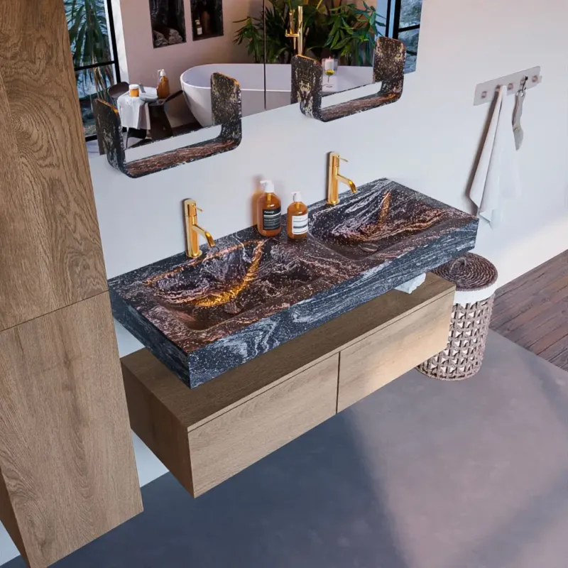 Populair Mondiaz Alan DLux badmeubel 120cm washed oak 2 lades met wastafel lava dubbel 2 kraangaten