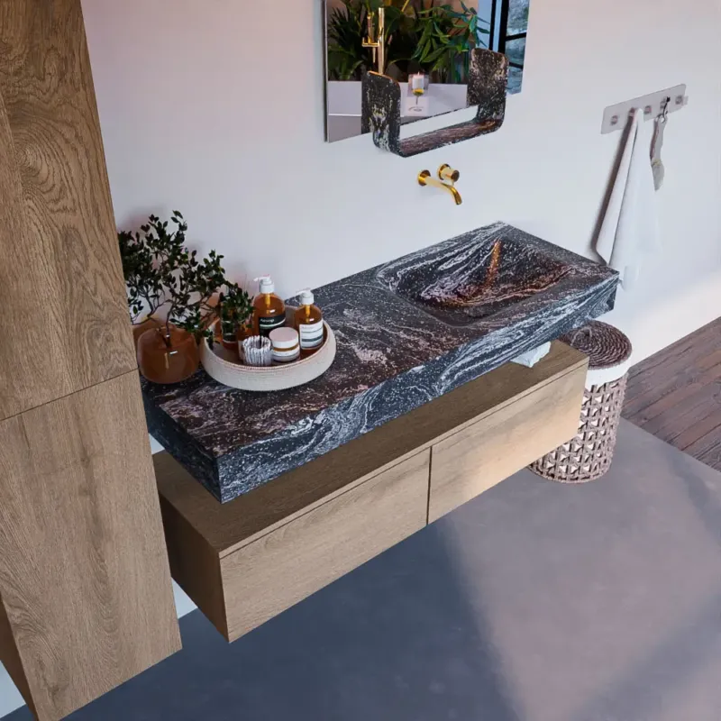 Populair Mondiaz Alan DLux badmeubel 130cm washed oak 2 lades met wastafel lava rechts zonder kraangat