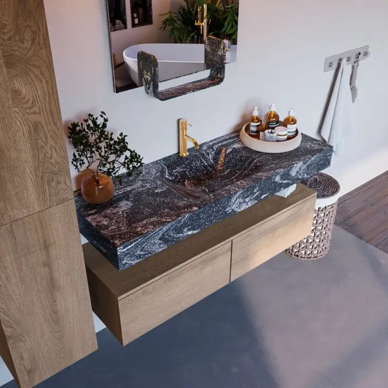 Beste Prijs Mondiaz Alan DLux badmeubel 130cm washed oak 2 lades met wastafel lava midden 1 kraangat
