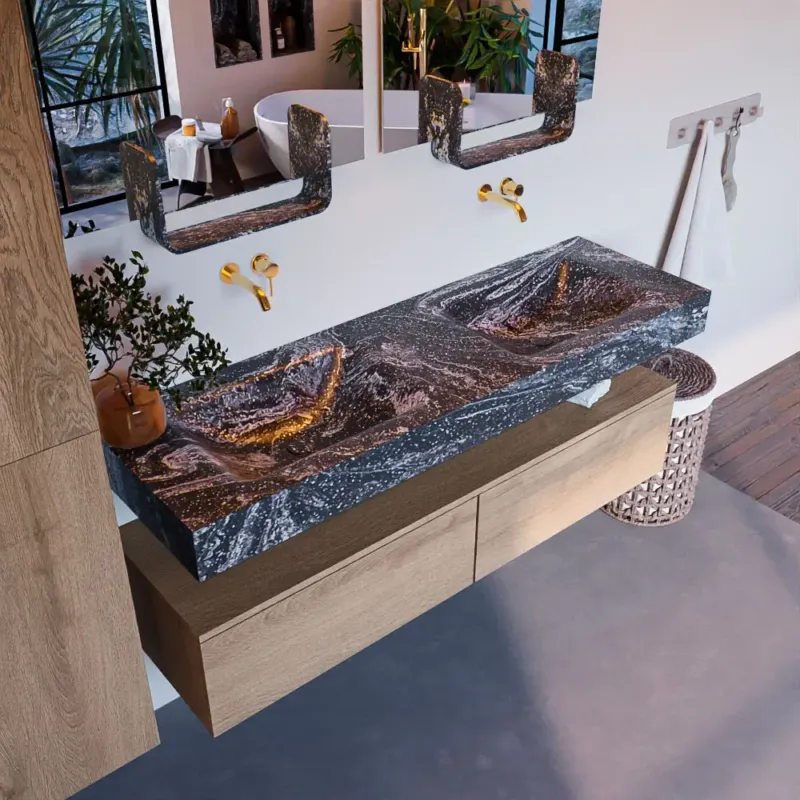 Superprijs Mondiaz Alan DLux badmeubel 150cm washed oak 2 lades met wastafel lava dubbel zonder kraangat