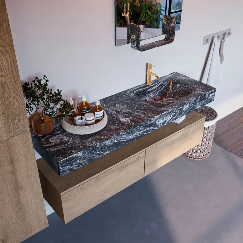 Premium Mondiaz Alan DLux badmeubel 150cm washed oak 2 lades met wastafel lava rechts 1 kraangat