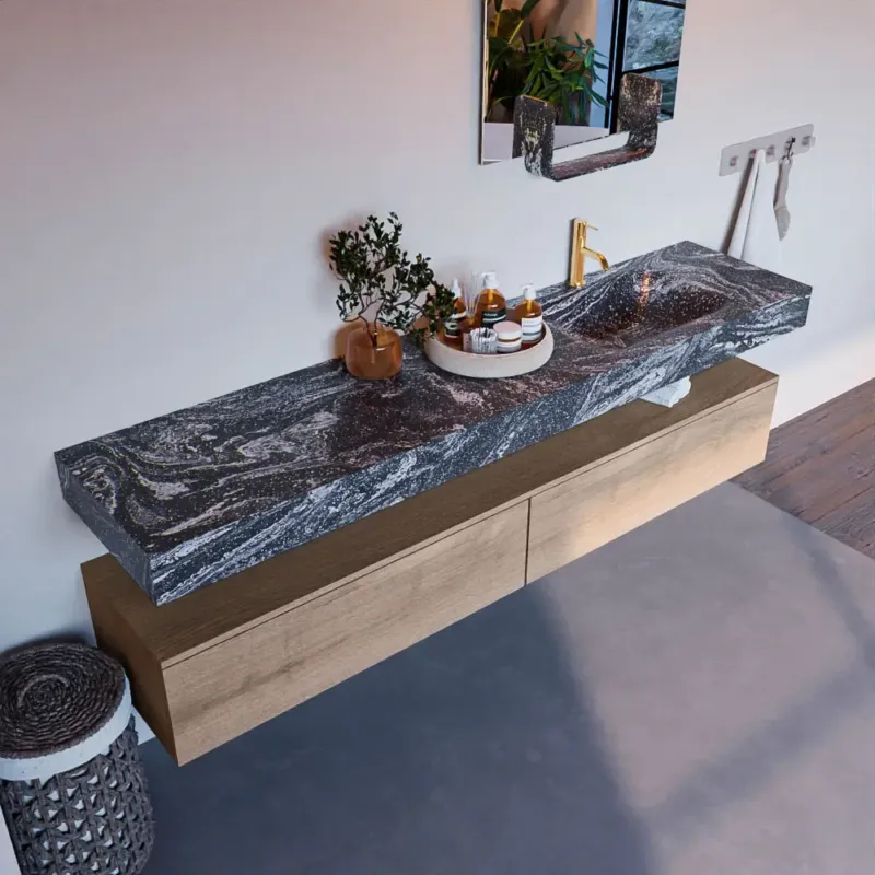 Actieprijs Mondiaz Alan DLux badmeubel 200cm washed oak 2 lades met wastafel lava rechts 1 kraangat