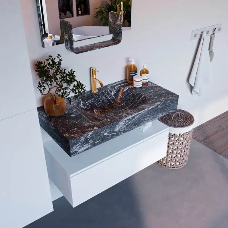 Beperkt Aanbod Mondiaz Alan DLux badmeubel 90cm talc 1 lade met wastafel lava midden 1 kraangat