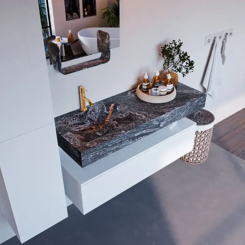 Shop Nu Mondiaz Alan DLux badmeubel 120cm talc 1 lade met wastafel lava links 1 kraangat