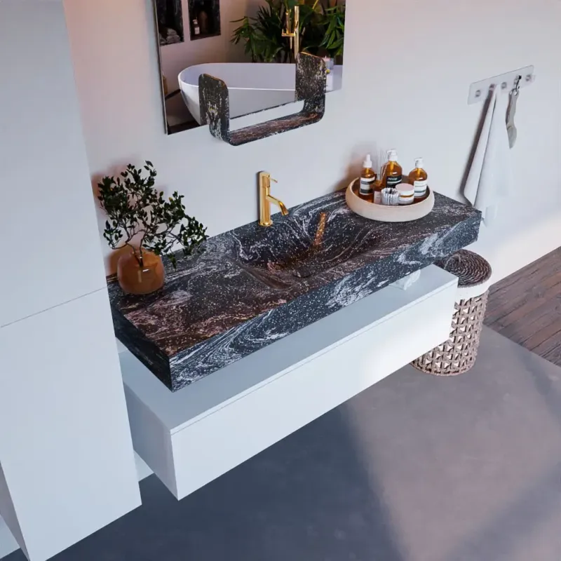 Actieprijs Mondiaz Alan DLux badmeubel 130cm talc 1 lade met wastafel lava midden 1 kraangat