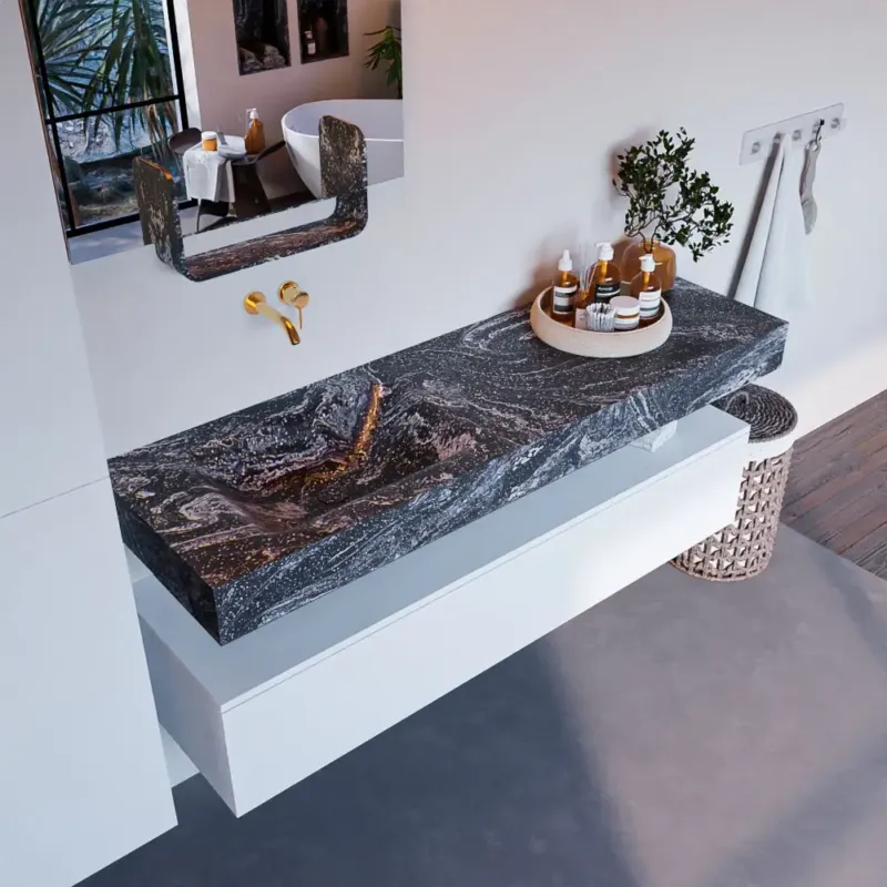 Superprijs Mondiaz Alan DLux badmeubel 150cm talc 1 lade met wastafel lava links zonder kraangat
